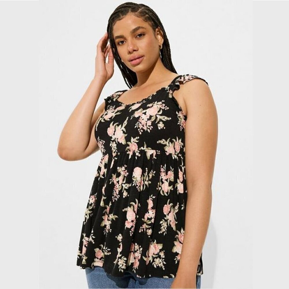 Torrid - Babydoll Super Soft Slub Ruffle Shoulder Tank, Bonita Floral Deep Black